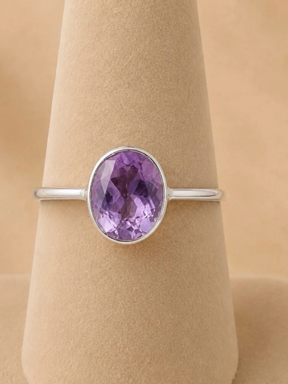 Amethyst 925 Sterling Silver Oval Faceted Bezel Set Ring Hexagonal Band 8 #663